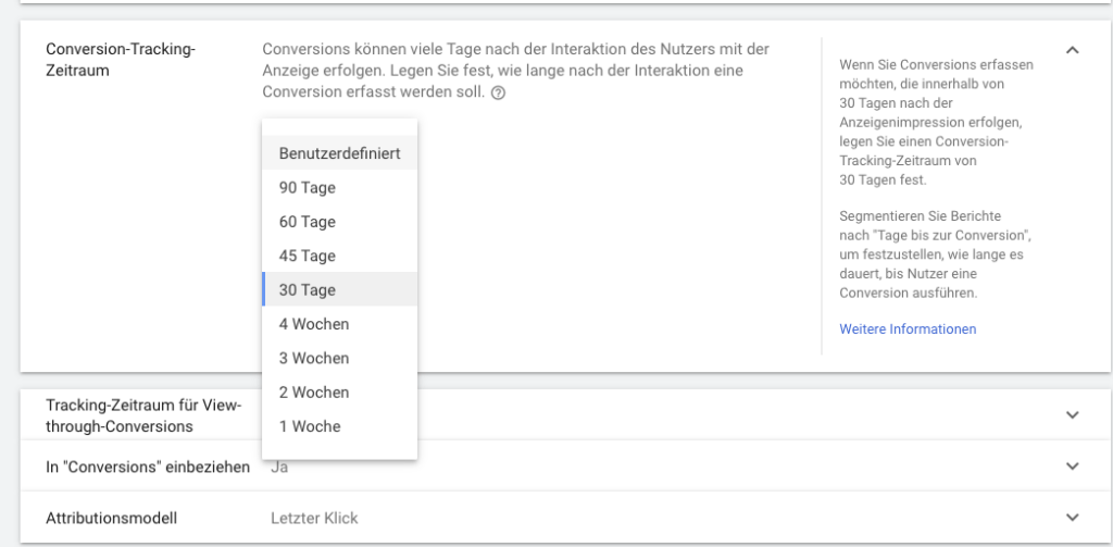 Legen Sie den Conversion-Zeitraum fest