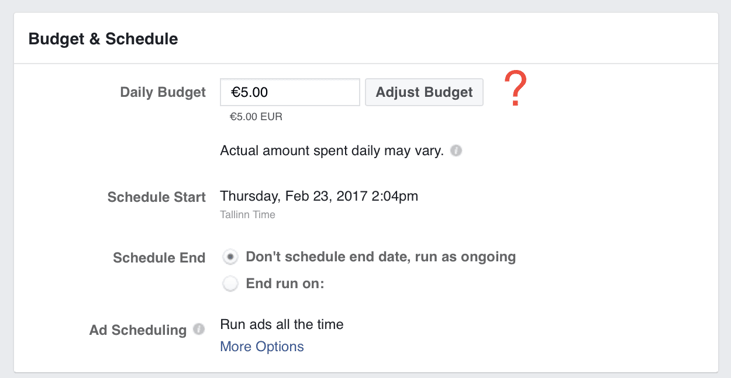 Facebook bietet Vorschläge zur Budgetplanung an falls Unsicherheiten bestehen.