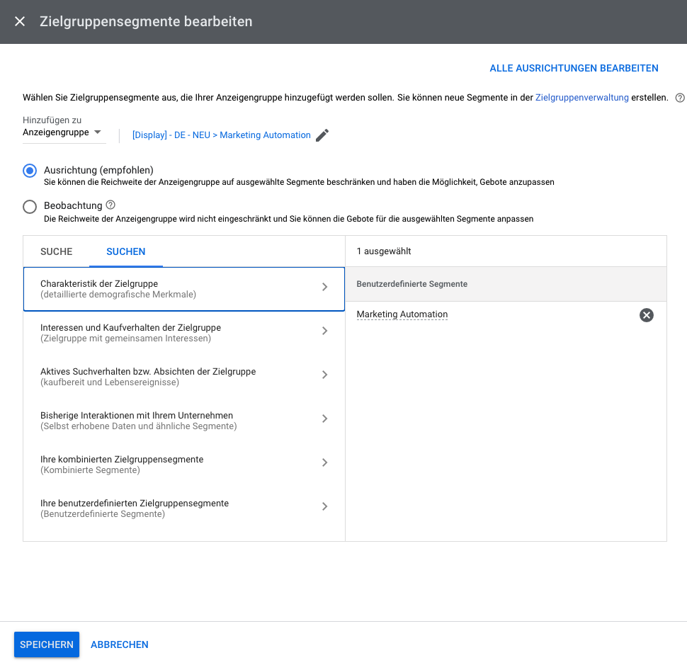 Benutzerdefinierte Zielgruppen in Google Ads