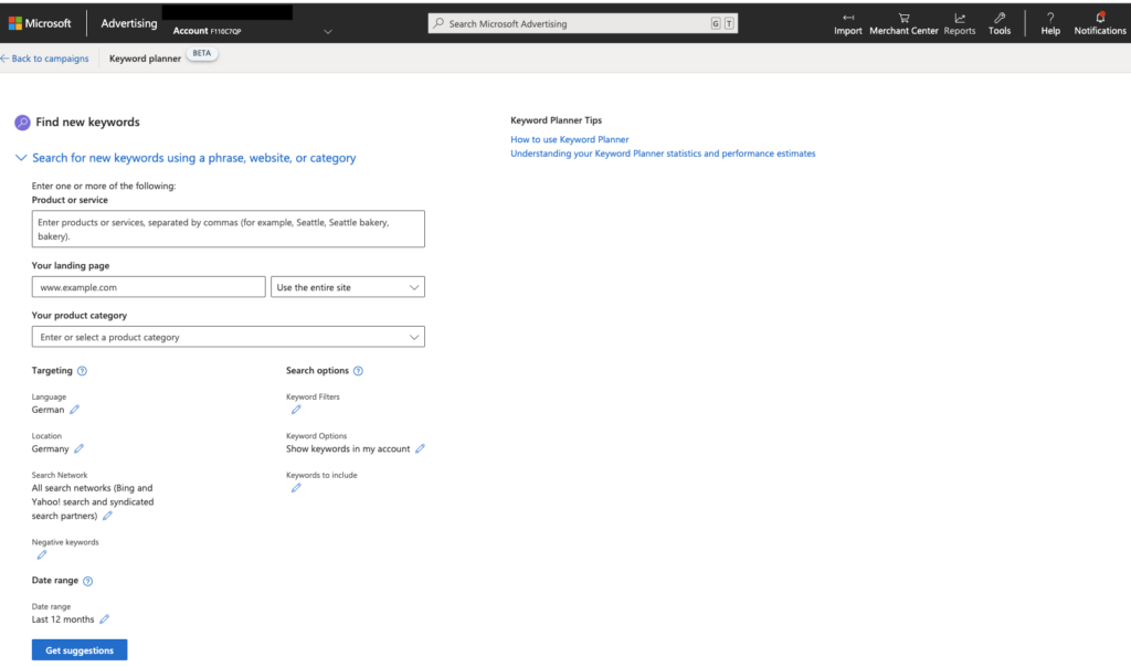 Microsoft Ads Keywordplanner