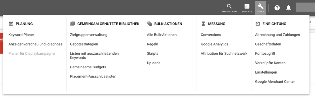Der Google Keyword Planner ist unter dem Reiter "Tools" zu finden.