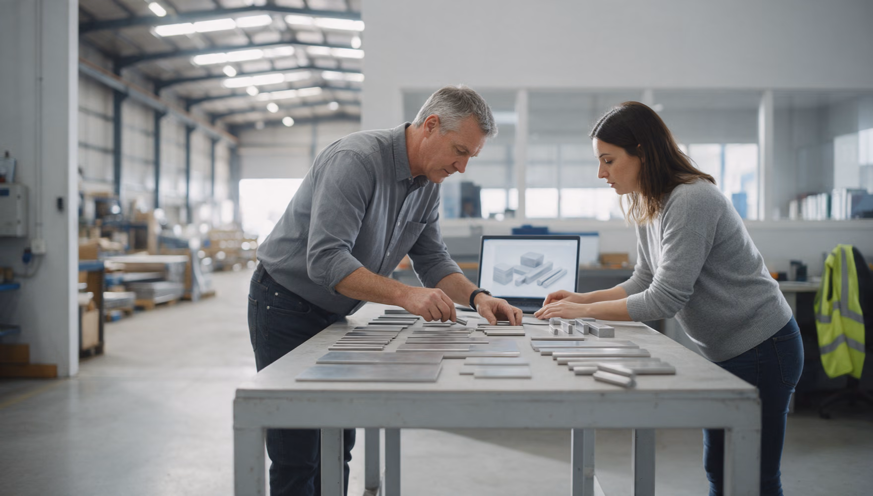 Two colleagues laying flat steel offcuts out in rows on a table beside a warehouse, comparing them with what is on a laptop.