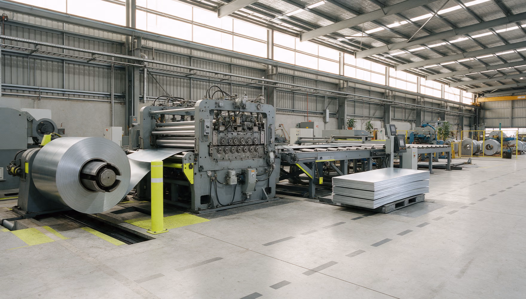 A cut-to-length line in a steel service centre running with nobody standing at it, a coil feeding through and finished sheets stacking up.