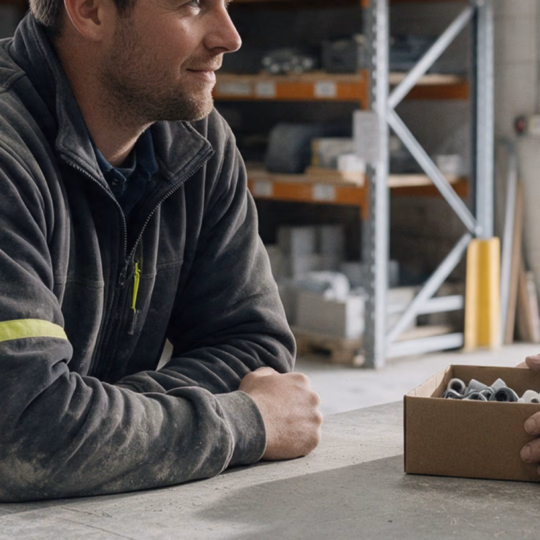A tradesman leaning on a merchant trade counter beside an open box of steel fittings.