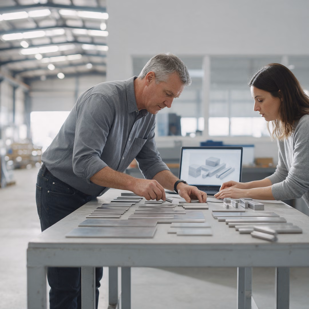Flat steel offcuts laid out in rows on a table, a laptop at the far edge.