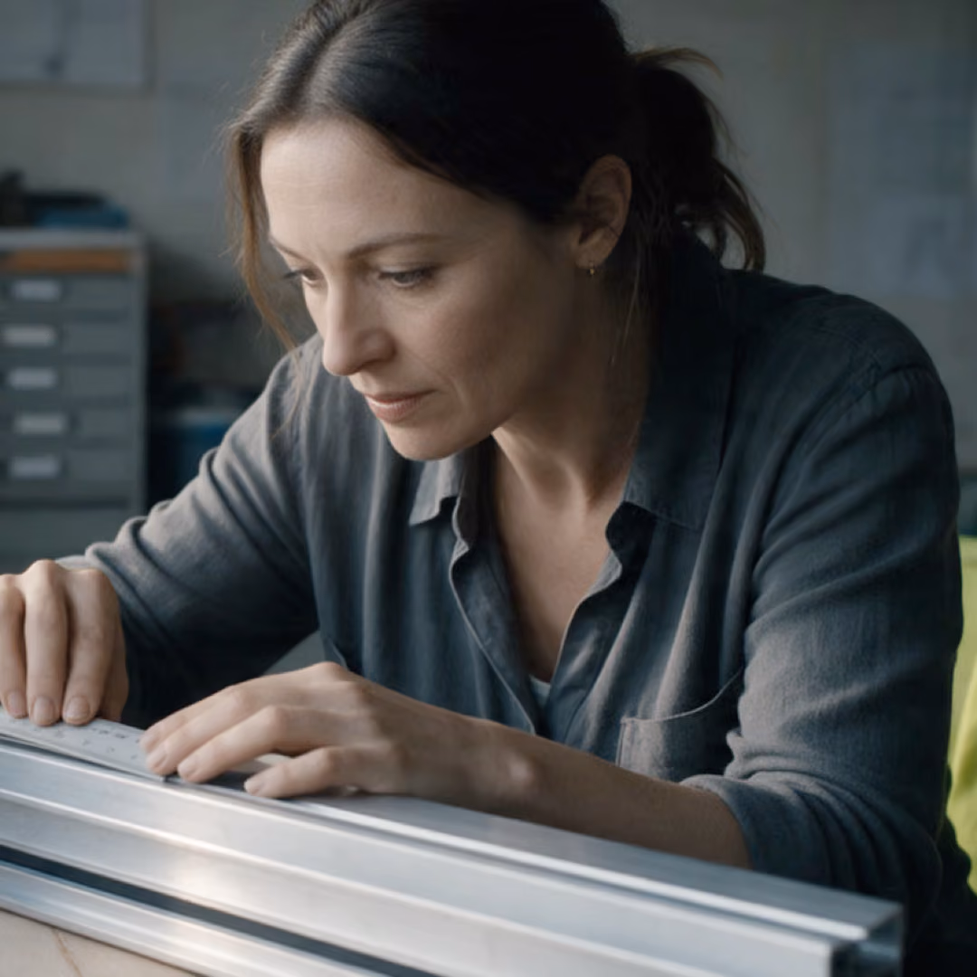 A planner running her hand along an aluminium profile section at a workbench by the window.