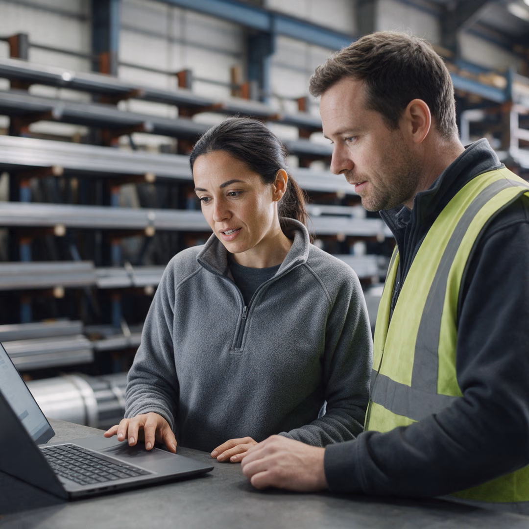 A buyer at a laptop on the trade counter of a steel stockholder, the counter clerk looking at the same screen.