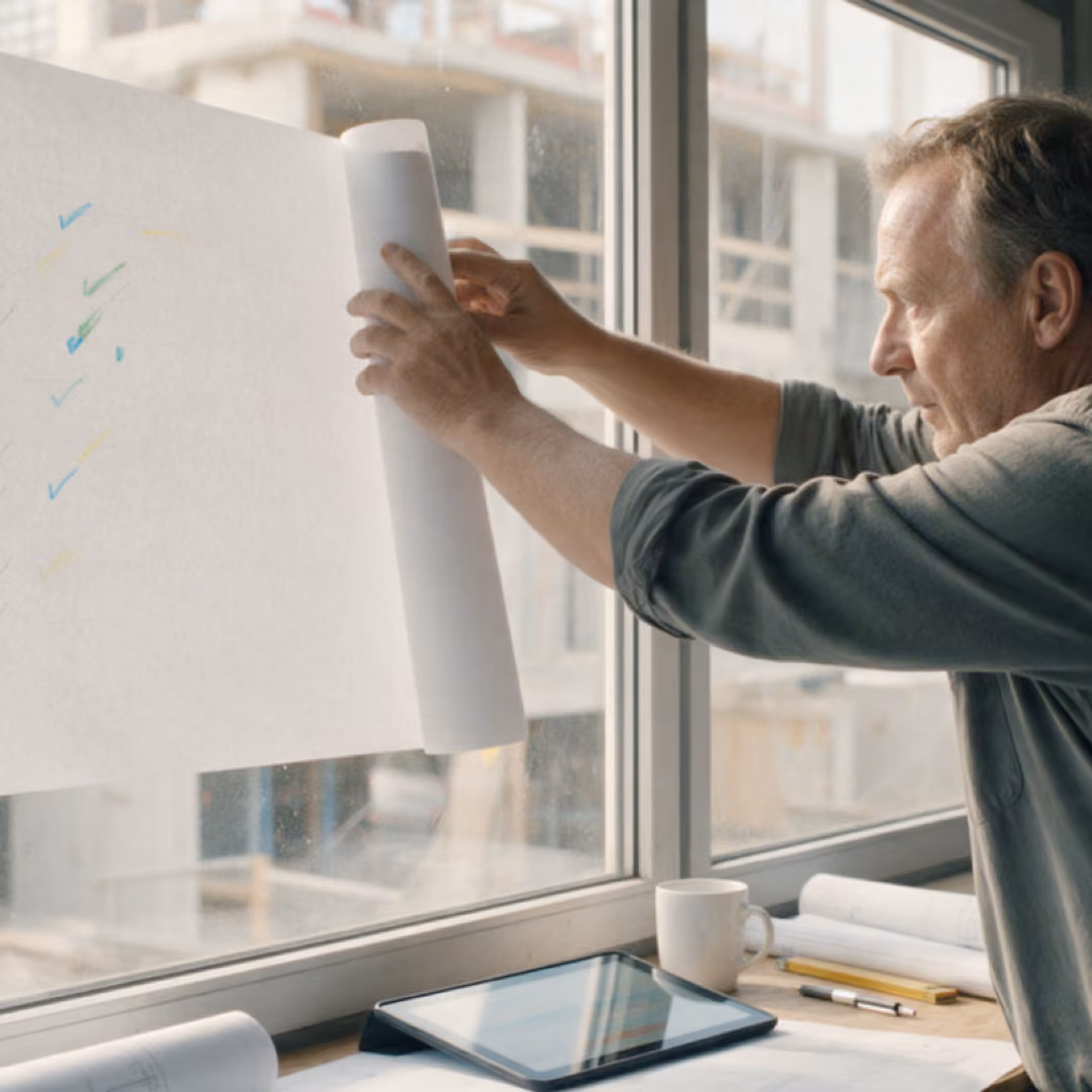 A site manager taping a large plan to the window of a site cabin, a tablet on the sill below.