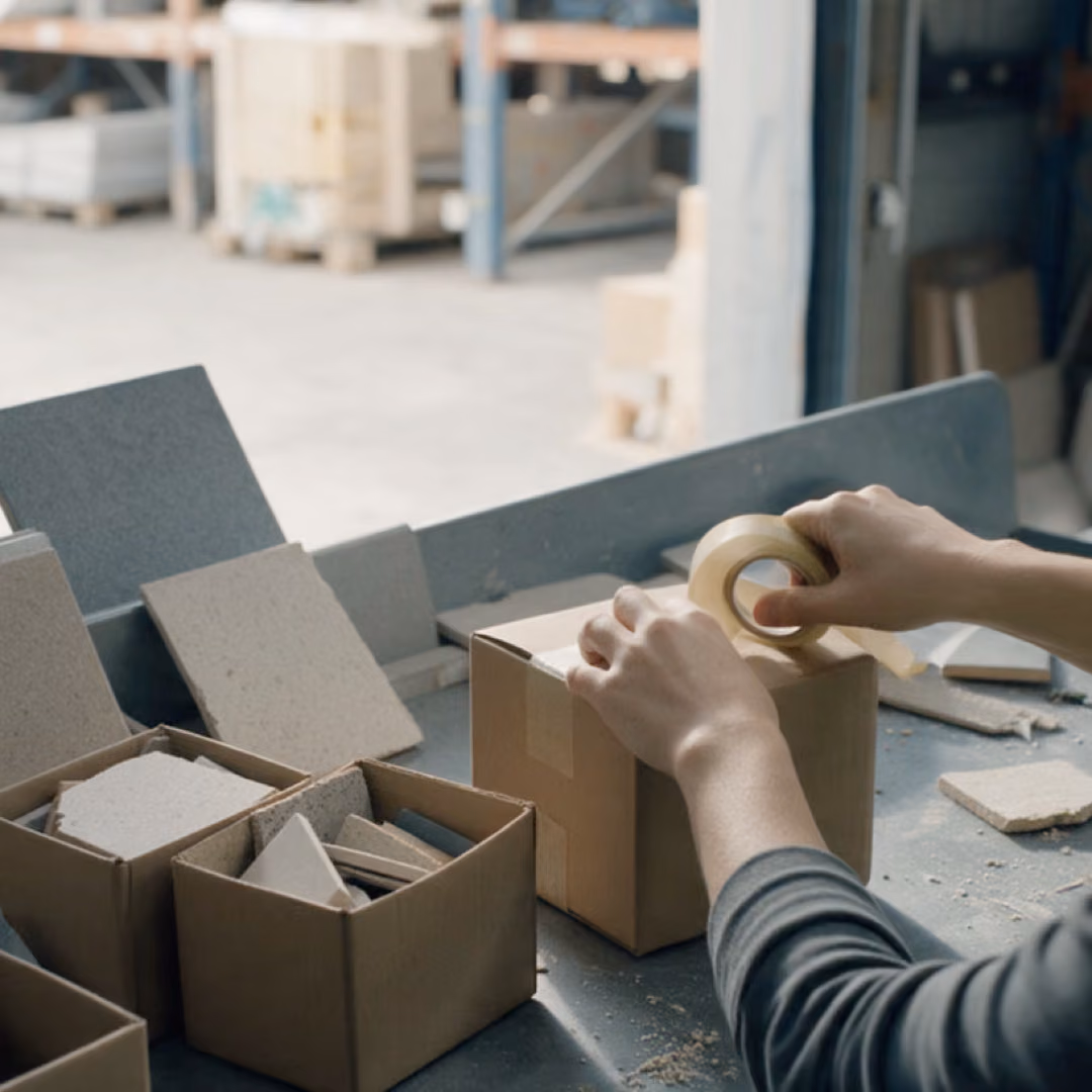 Hands taping up a box of material samples at a packing bench in a warehouse.
