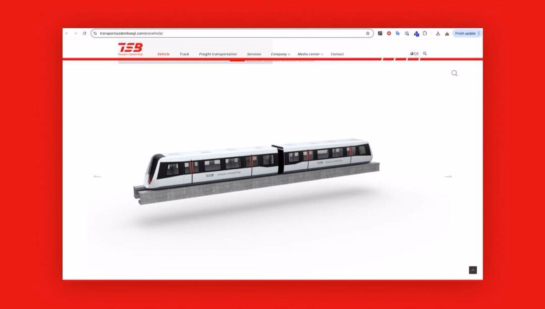 A browser window shows the English version of the Transport System Boegl site, with Vehicle, Track, Freight transportation and Media center in the navigation.