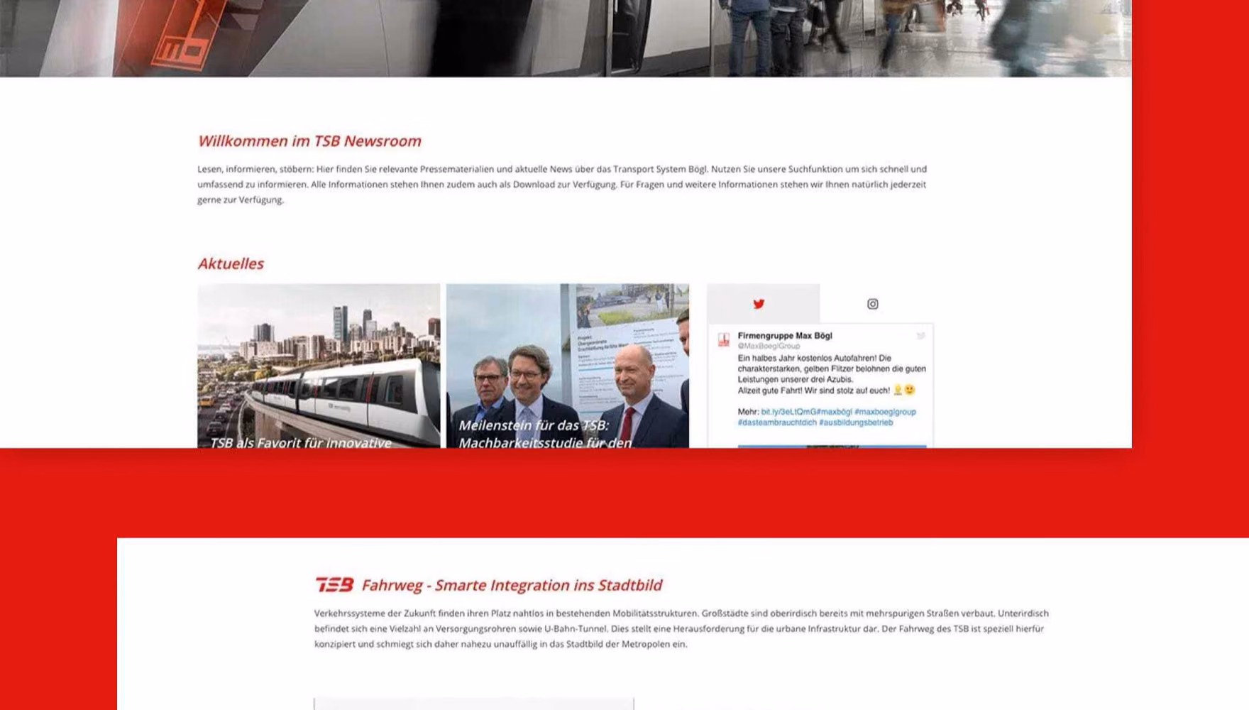 Two website screenshots on a red background show the TSB newsroom with its news cards and company feed, and a guideway page explaining the track.
