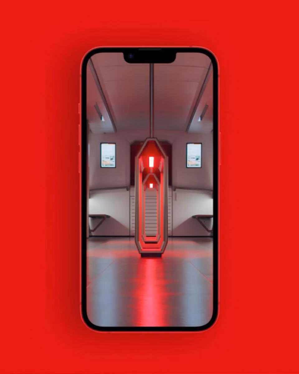 A phone on a red background shows a render of the vehicle interior with red lighting, seats and passenger displays.