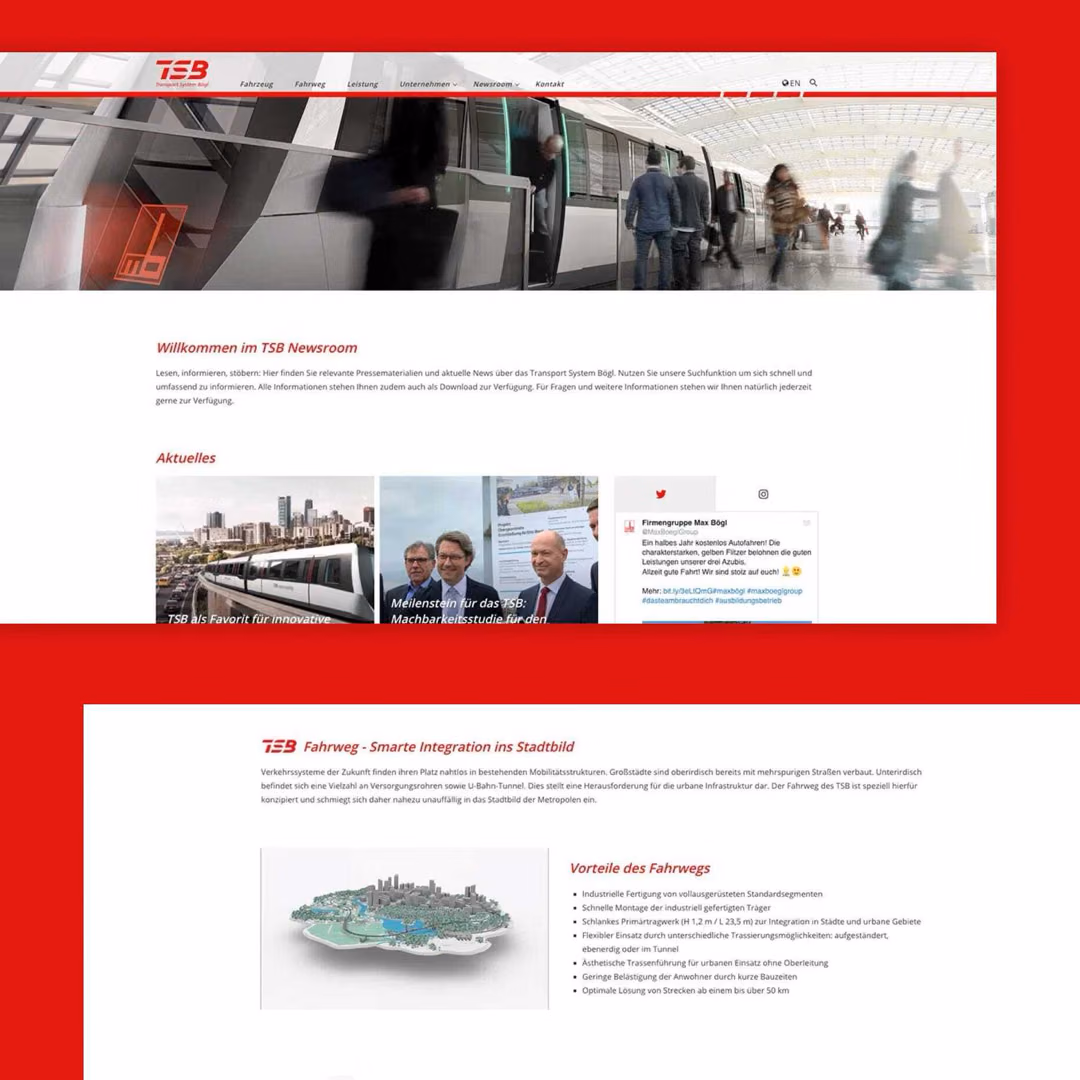 Two website screenshots on a red background show the TSB newsroom with news cards and a company Twitter feed, and a guideway page with a city model and a list of advantages.