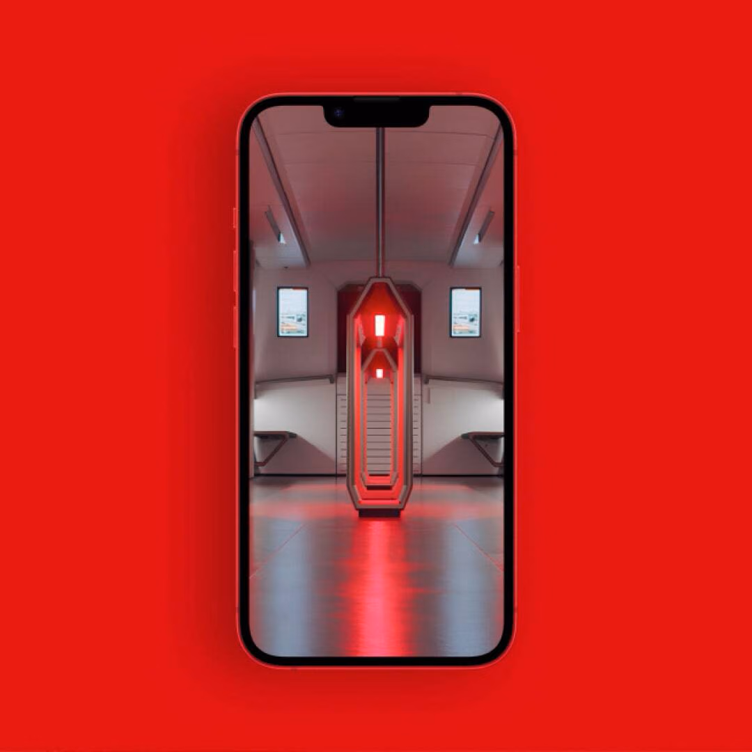 A phone on a red background shows a render of the vehicle interior with red lighting, seats and passenger displays.