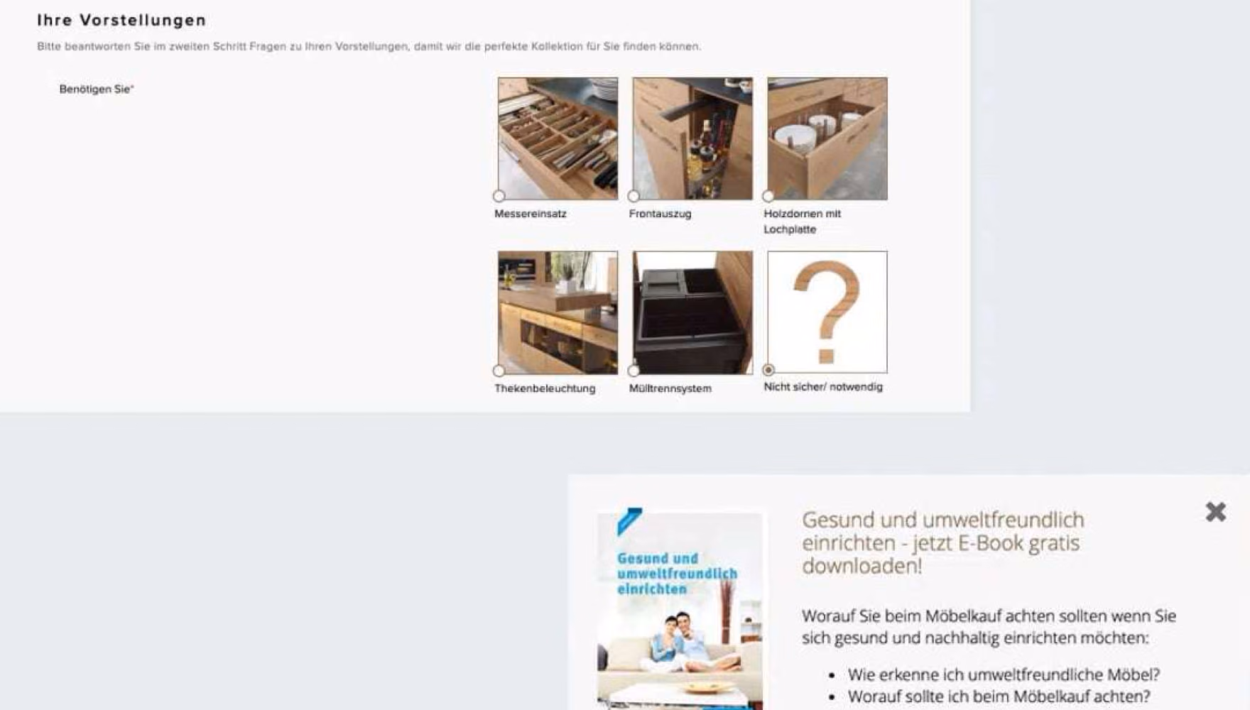 A Decker questionnaire page asks which kitchen fittings are needed, with a pop-up over it offering an e-book against an e-mail address and a marketing consent tick.