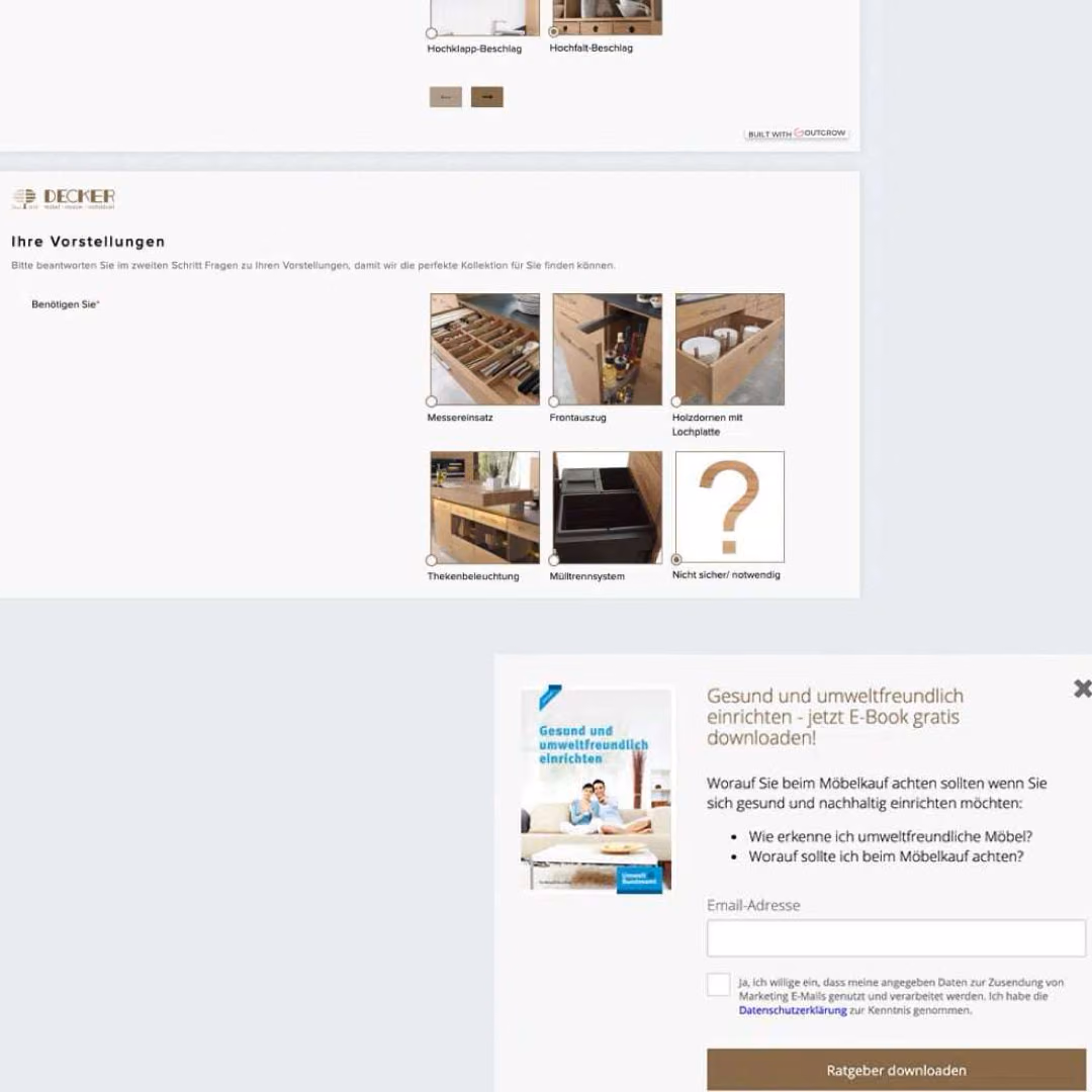 A Decker questionnaire page asks which kitchen fittings are needed, with a pop-up over it offering an e-book against an e-mail address and a marketing consent tick.