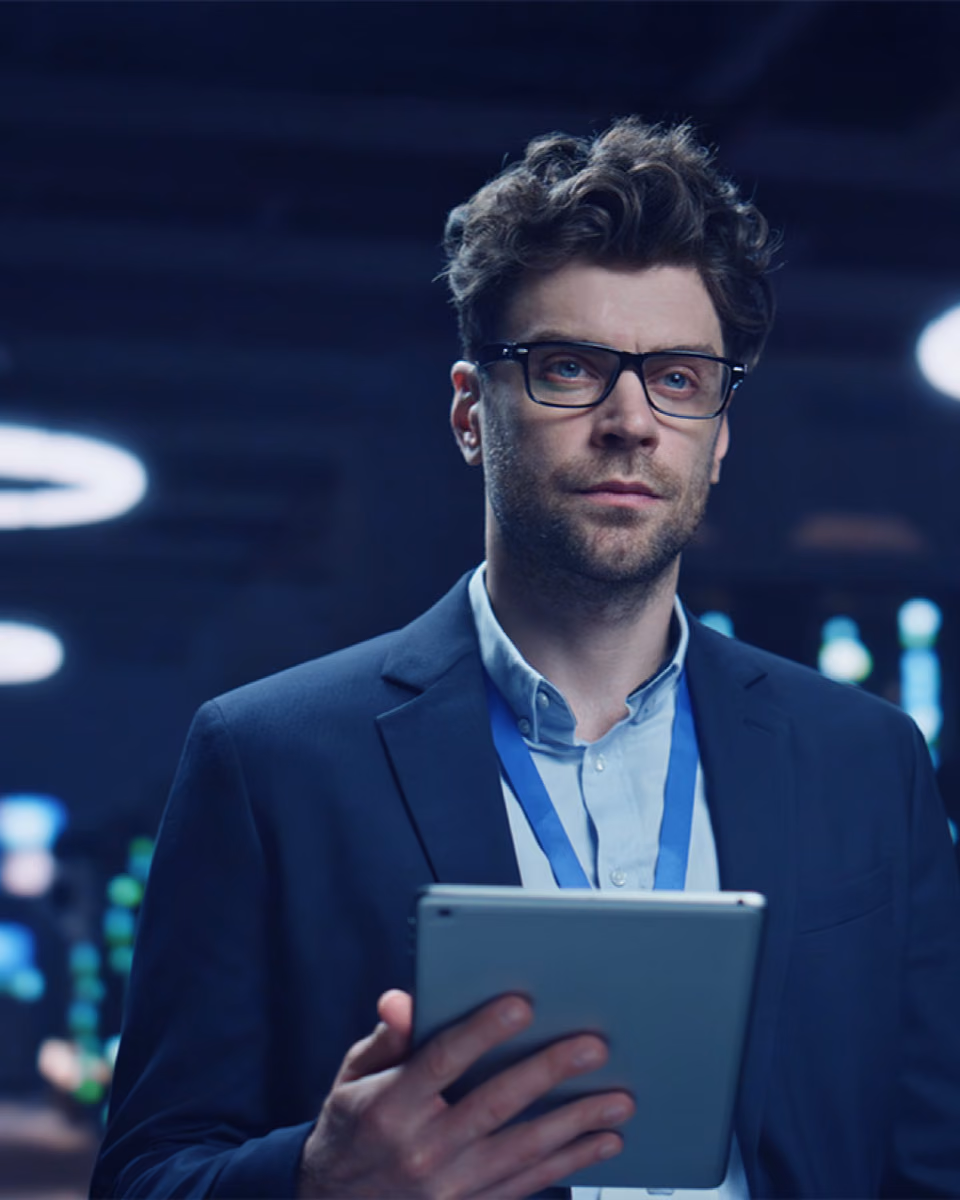 A man in a blazer and lanyard holds a tablet in a dark data centre, rows of status lights and ring lamps behind him.