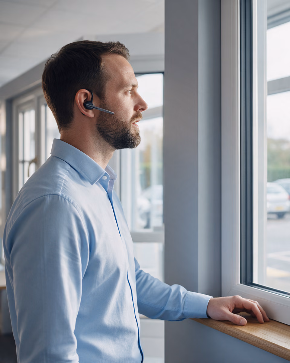 A sales adviser on a headset standing at a full-height window sample in a showroom.