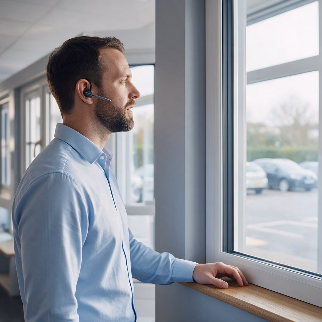 A sales adviser on a headset standing at a full-height window sample in a showroom, one hand on the oak sill.
