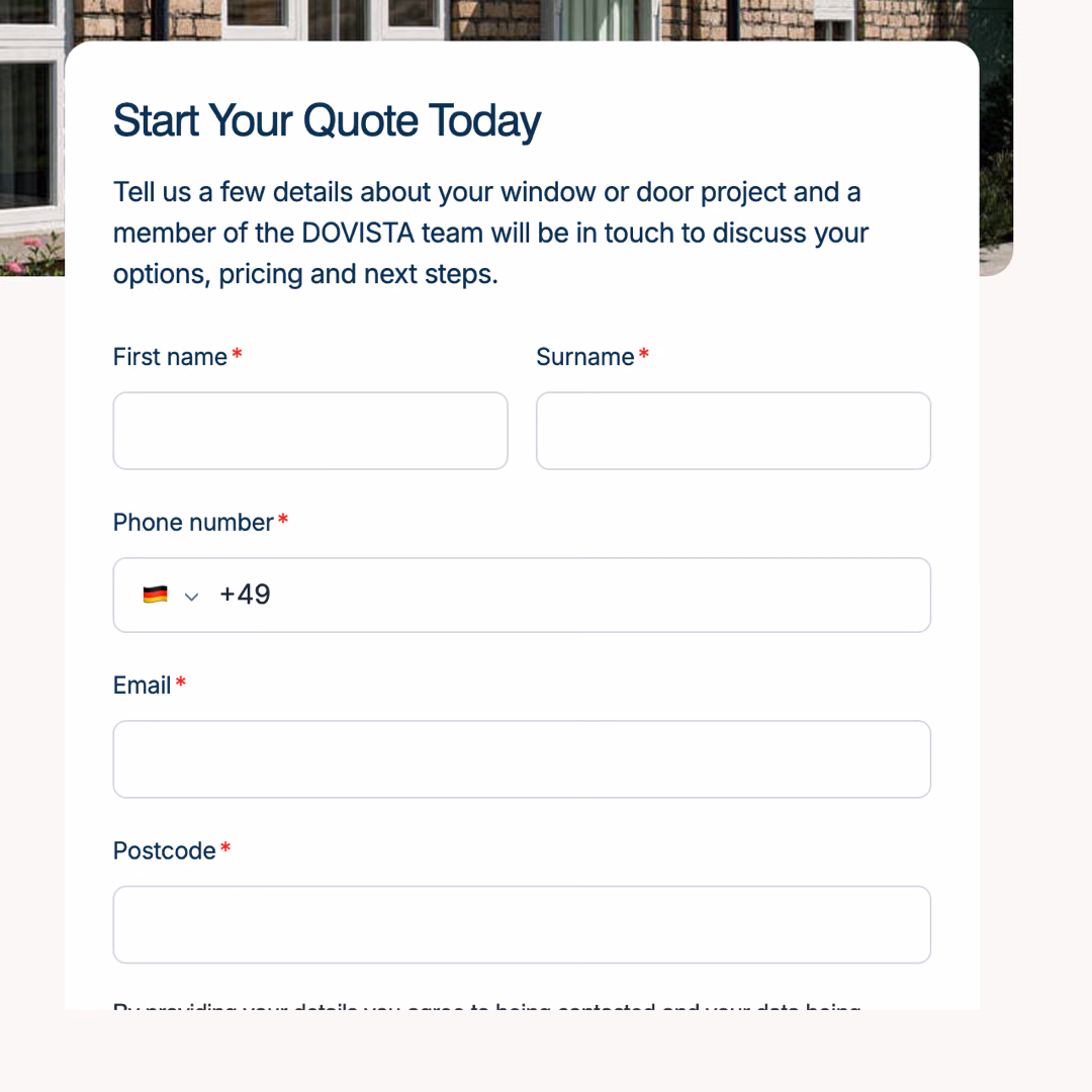 The Start Your Quote form on dovista.co.uk with name, phone number, email and postcode fields.