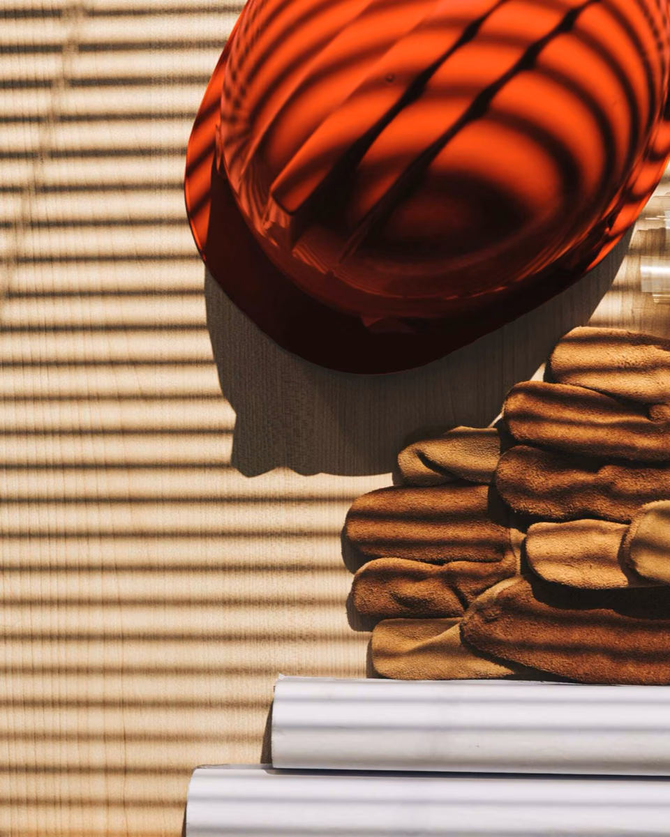 A red hard hat and a stack of leather work gloves rest on a slatted wooden surface.