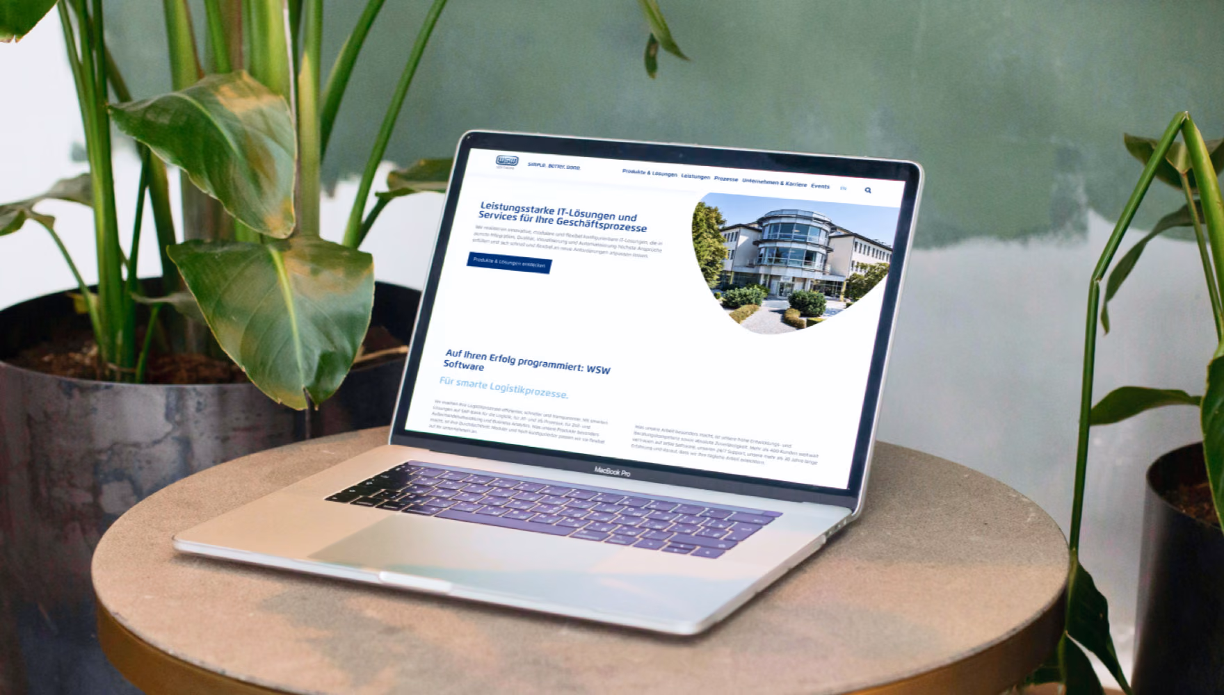 A laptop between two plants shows the WSW Software homepage and its promise of IT solutions and services for business processes.
