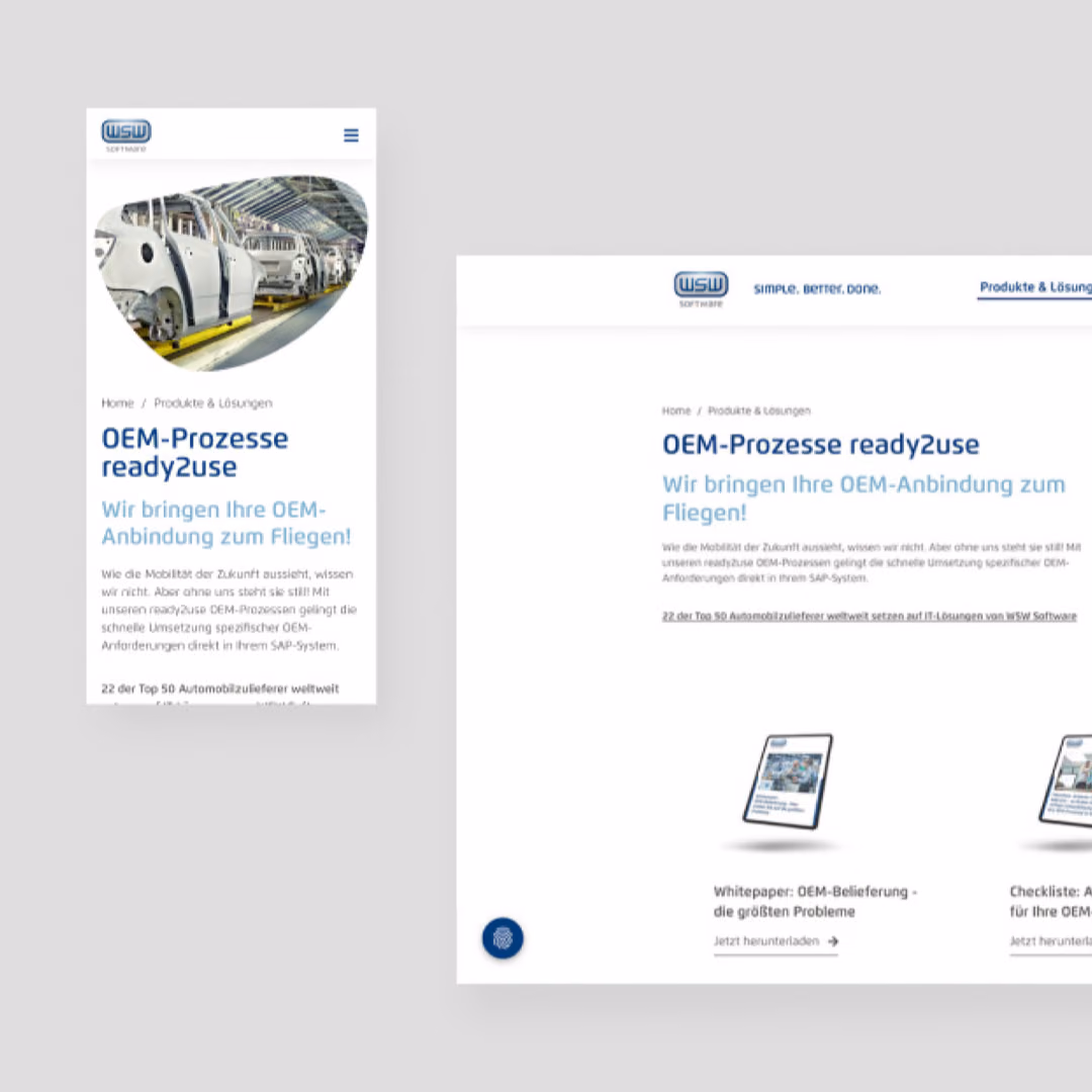 Mobile and desktop views of WSW Software's OEM-Prozesse ready2use page, with a car body assembly line and two whitepaper downloads.