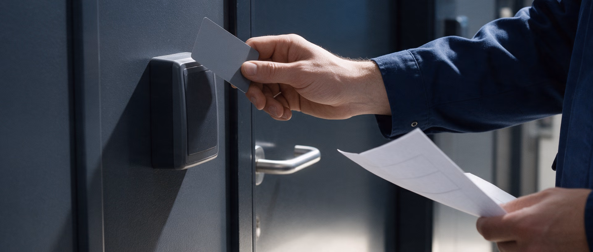 Hands hold a blank grey access card against a card reader beside a dark laboratory door while the other hand holds a folded sheet of paper.