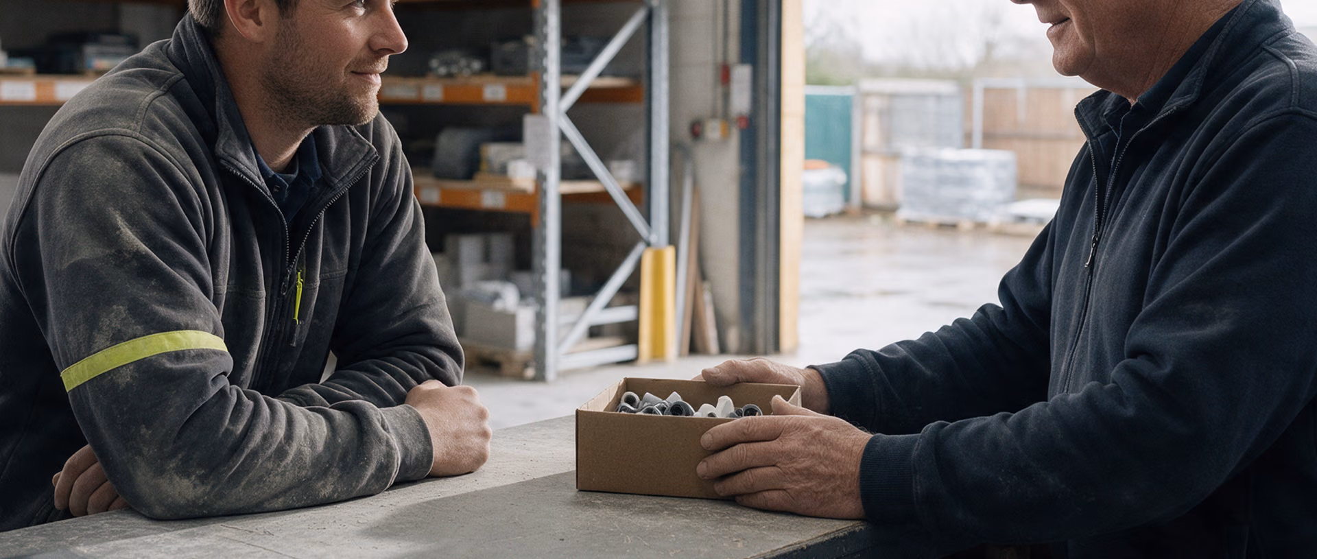 An installer in workwear leaning on a builders merchant trade counter while the salesman sets a box of fittings down between them.