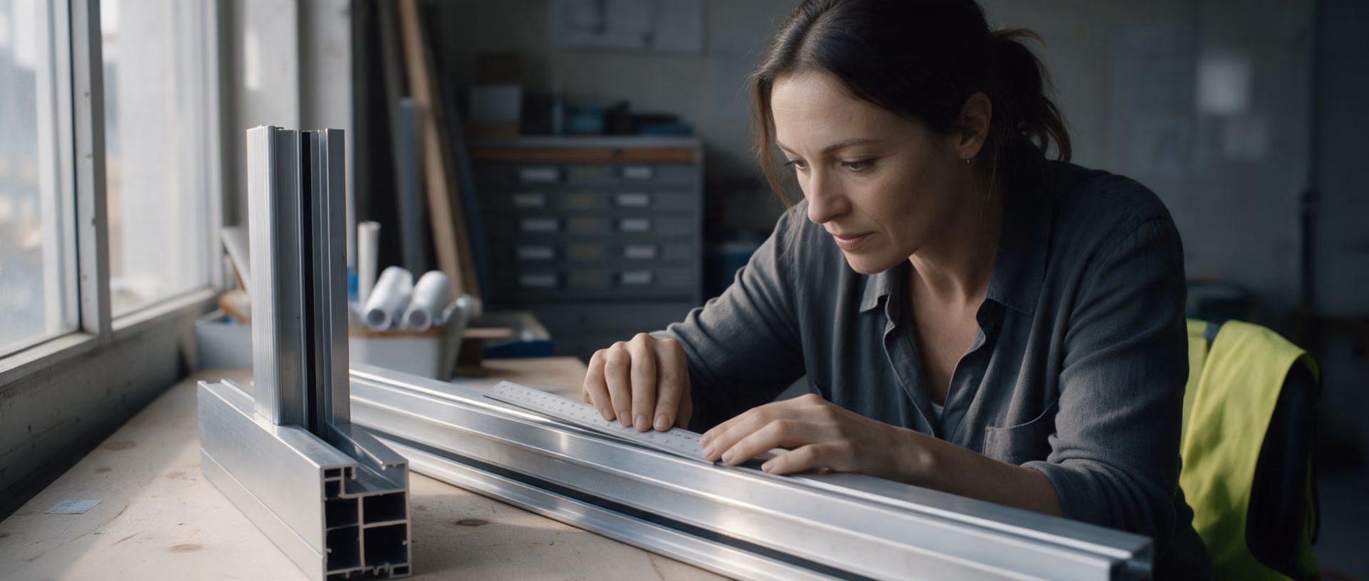A planner holding a scale rule against a cut section of aluminium window profile on a plan table, beside rolled-up drawings, in even daylight.