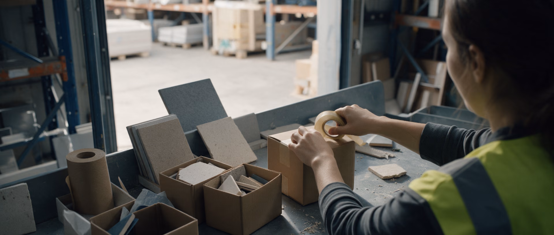 A worker taping a small cardboard box of tile and panel offcuts on a warehouse packing bench, with three more half-packed boxes in a row beside it.