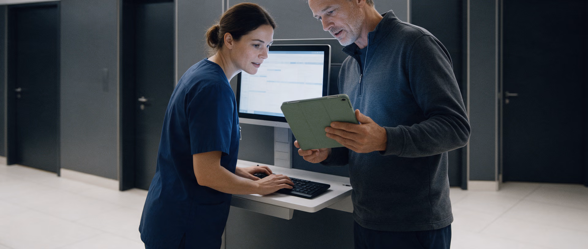 A nurse types at a wall-mounted workstation in a clinic corridor at night while a doctor beside her holds a tablet in a green cover and looks at her screen.