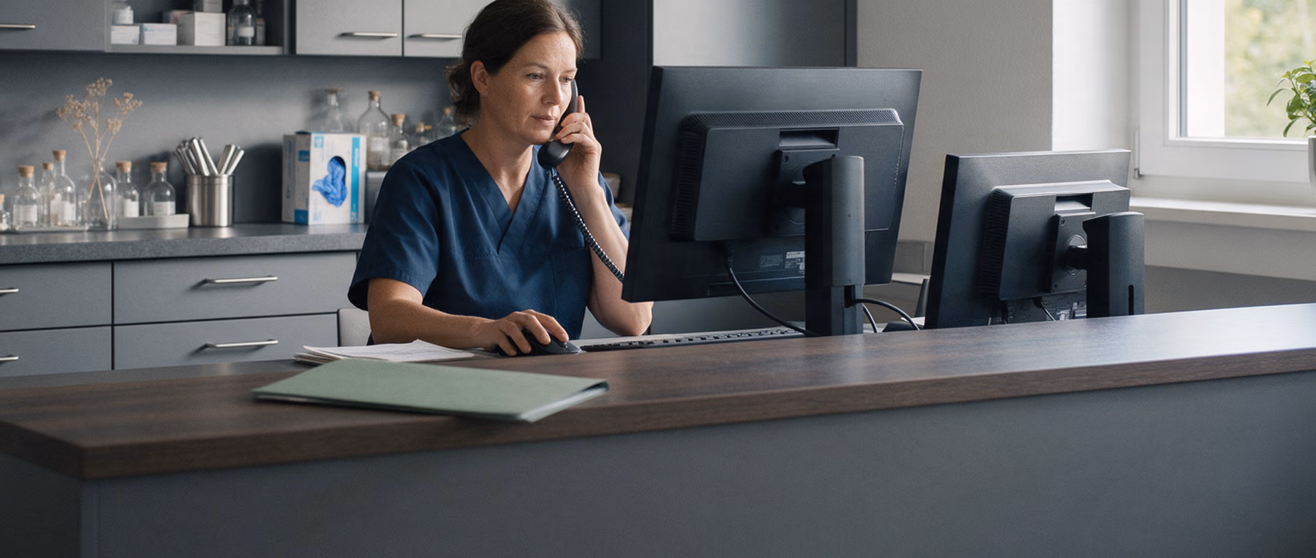 A woman in dark blue scrubs sits behind a dark reception counter with a telephone receiver at her ear, looking at one of two monitors, a green folder lying on the counter.