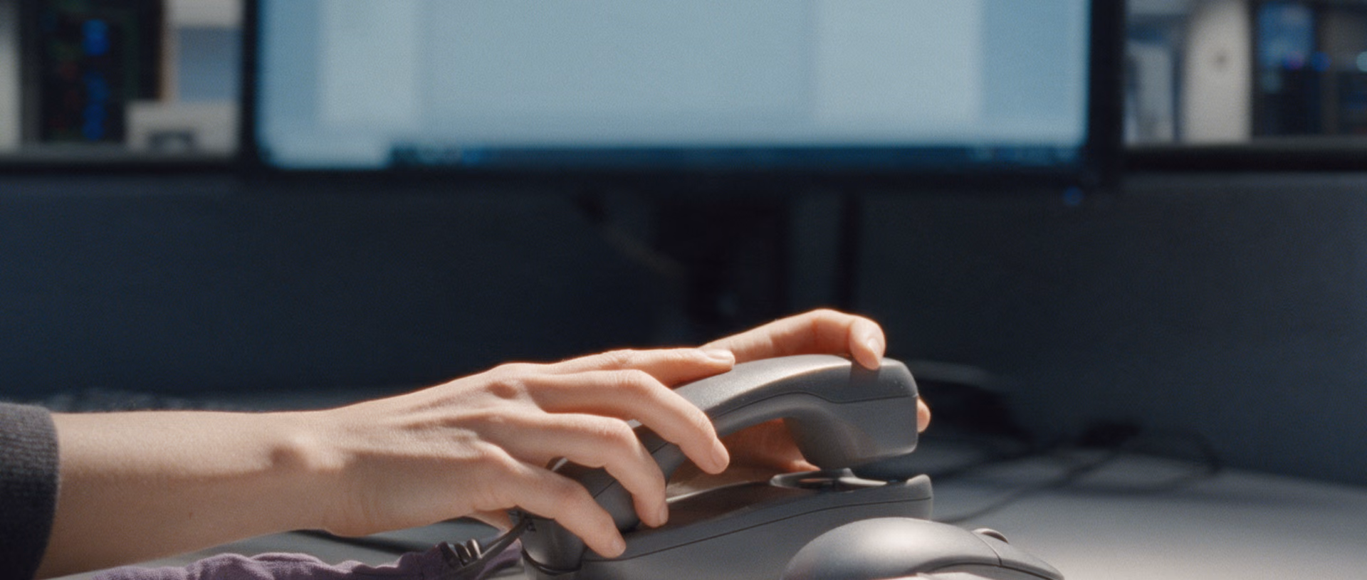 Two hands set a desk phone handset down into its cradle in front of a glowing monitor, a mouse and a notepad beside it.