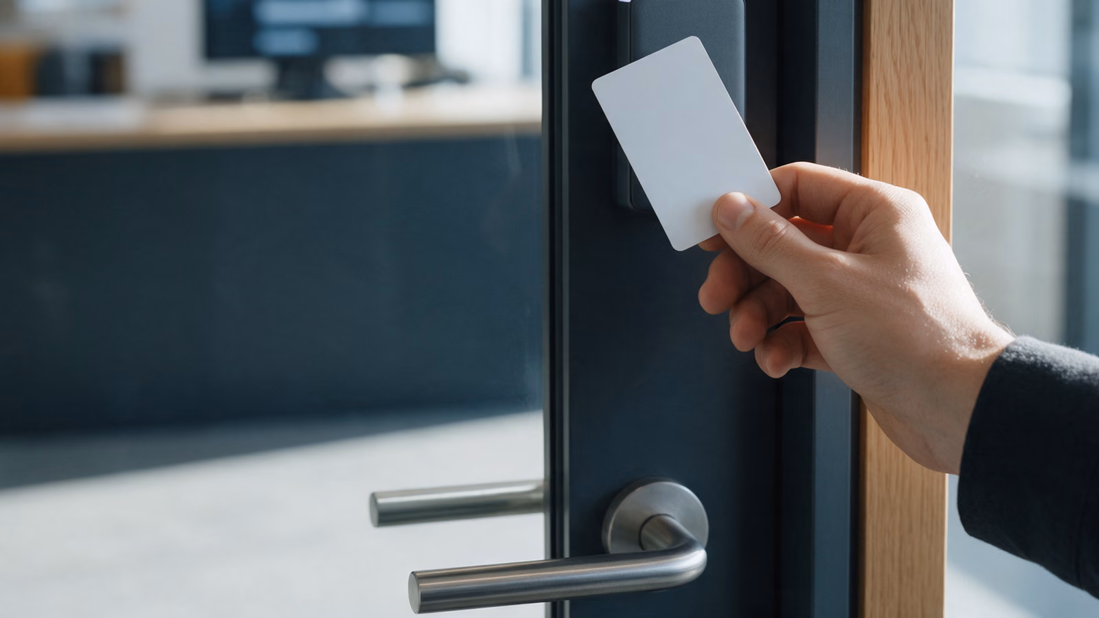 Hand holding a blank access card to a reader beside a glass office door.