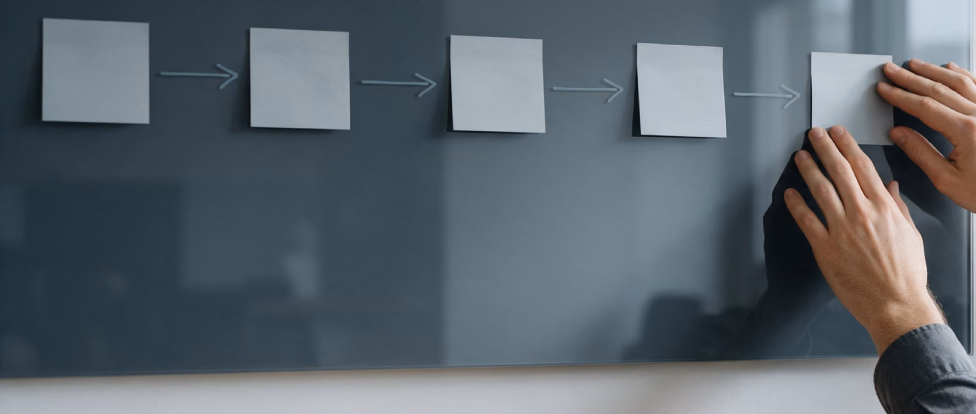 Hands placing a blank sticky note at the end of a chain of notes joined by arrows on a dark glass board.