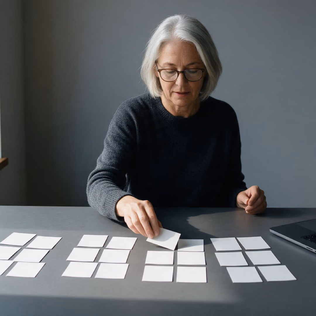 A woman with grey hair sits at a window table and sorts blank white cards into rows beside a laptop.