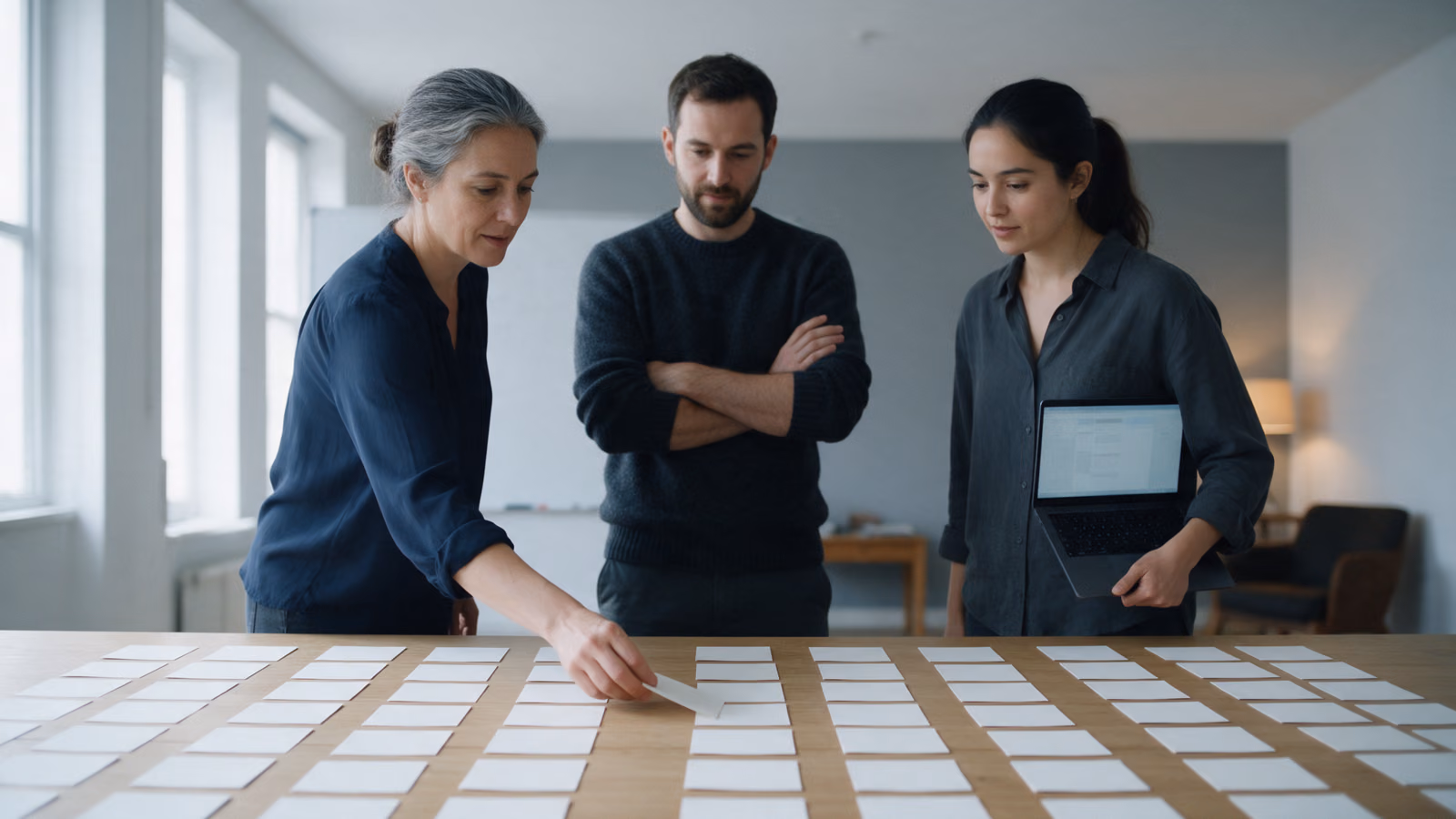 Three colleagues sorting blank index cards into columns on a long oak table, one holding a laptop.