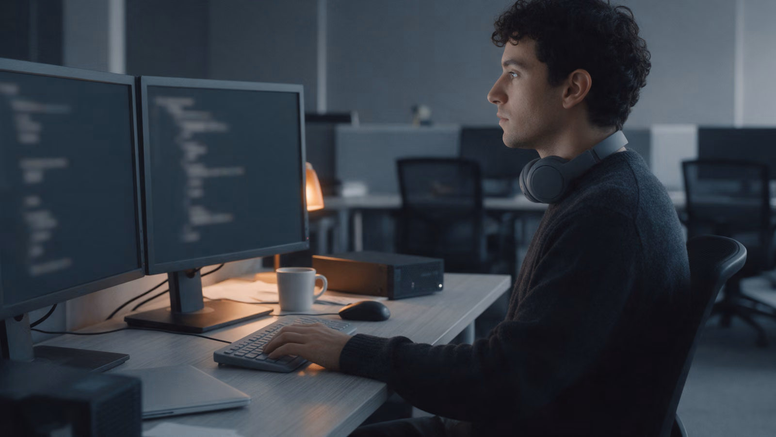 A developer with headphones around his neck at two monitors showing blurred indented code blocks in an office after hours.