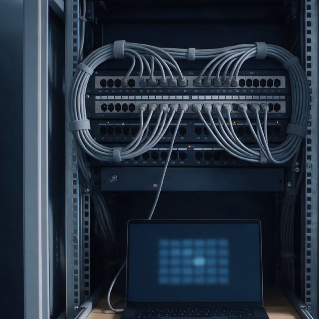 A network rack with a patch panel and neatly bundled grey cables, an open laptop on the shelf below.