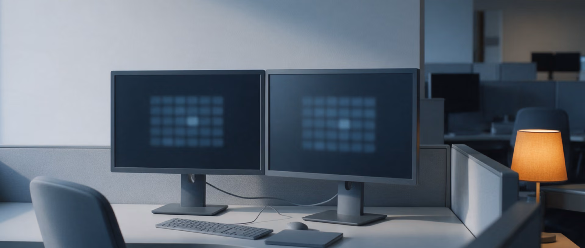 Two identical monitors side by side on an empty office desk, both showing the same blurred grid, a warm lamp at the far end.