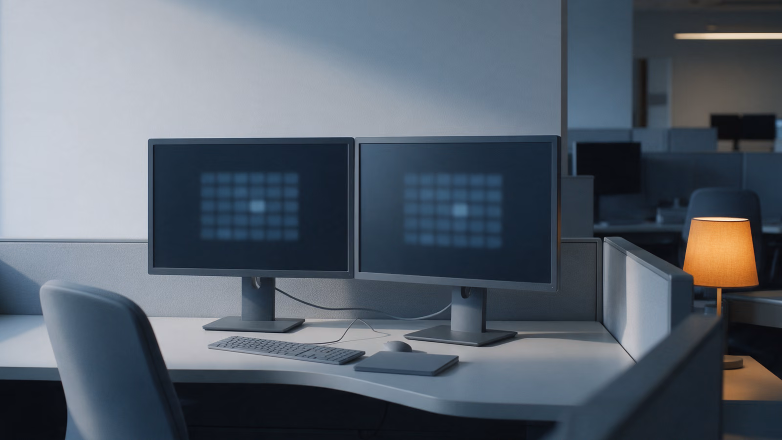 Two identical monitors side by side on an empty office desk, both showing the same blurred grid, a warm lamp at the far end.