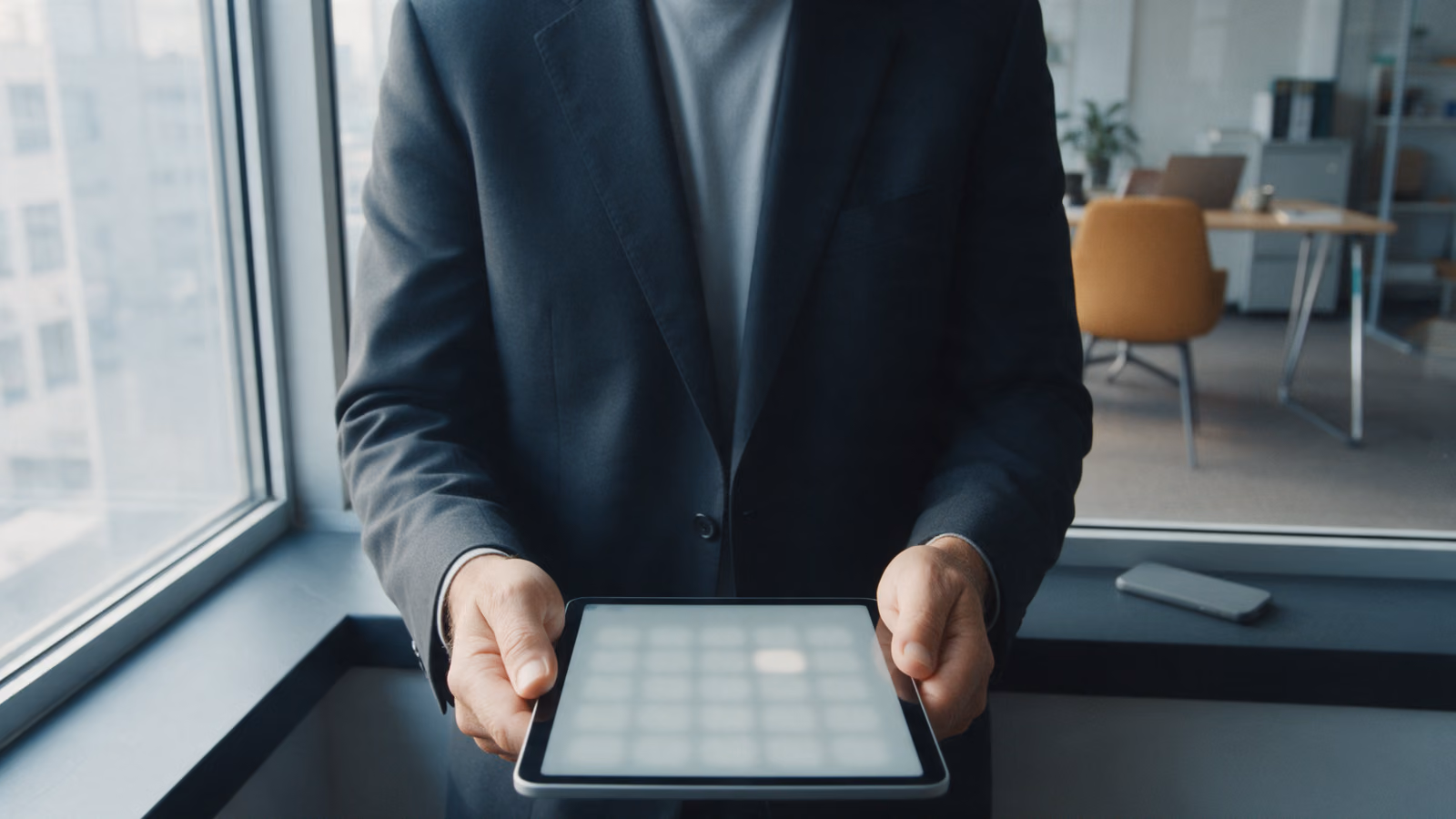 Close view of a man in a dark jacket holding a tablet with a blurred grid of blocks at a tall office window, a phone lying on the sill.