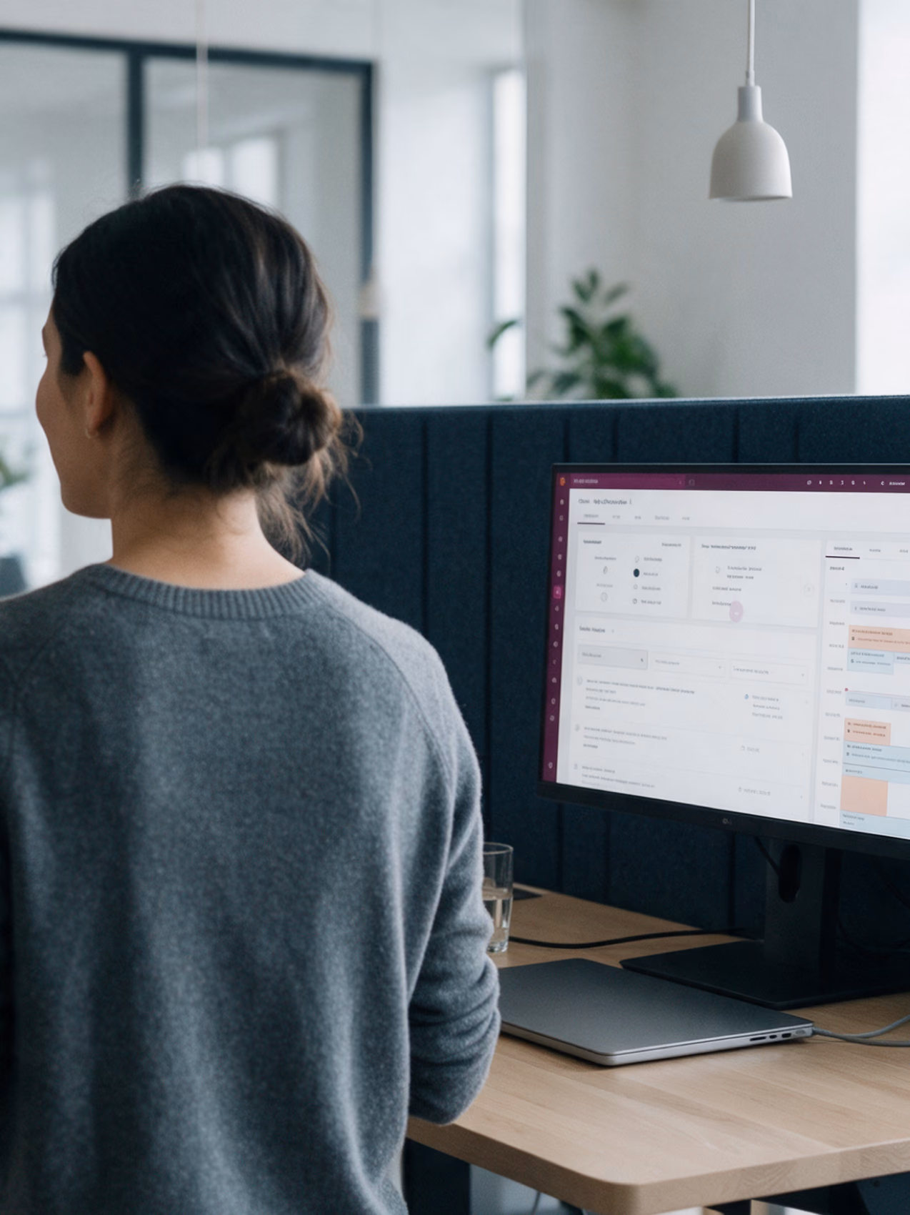 Eine Vertriebsmitarbeiterin im grauen Pullover, von hinten gesehen, hat sich von ihrem Schreibtisch abgewandt und spricht mit einer Kollegin außerhalb des Bildes; ihr Monitor zeigt den Sales-Workspace von HubSpot neben einem zugeklappten Laptop und einem Glas Wasser.