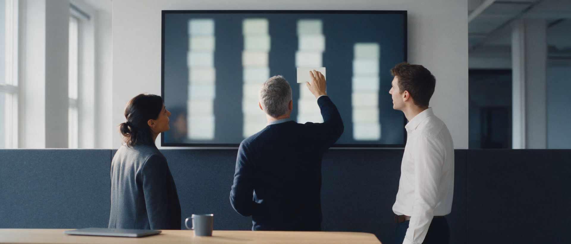 Three colleagues stand at a standing table in front of a large wall screen showing blurred columns of cards, one of them sliding a card across the board.