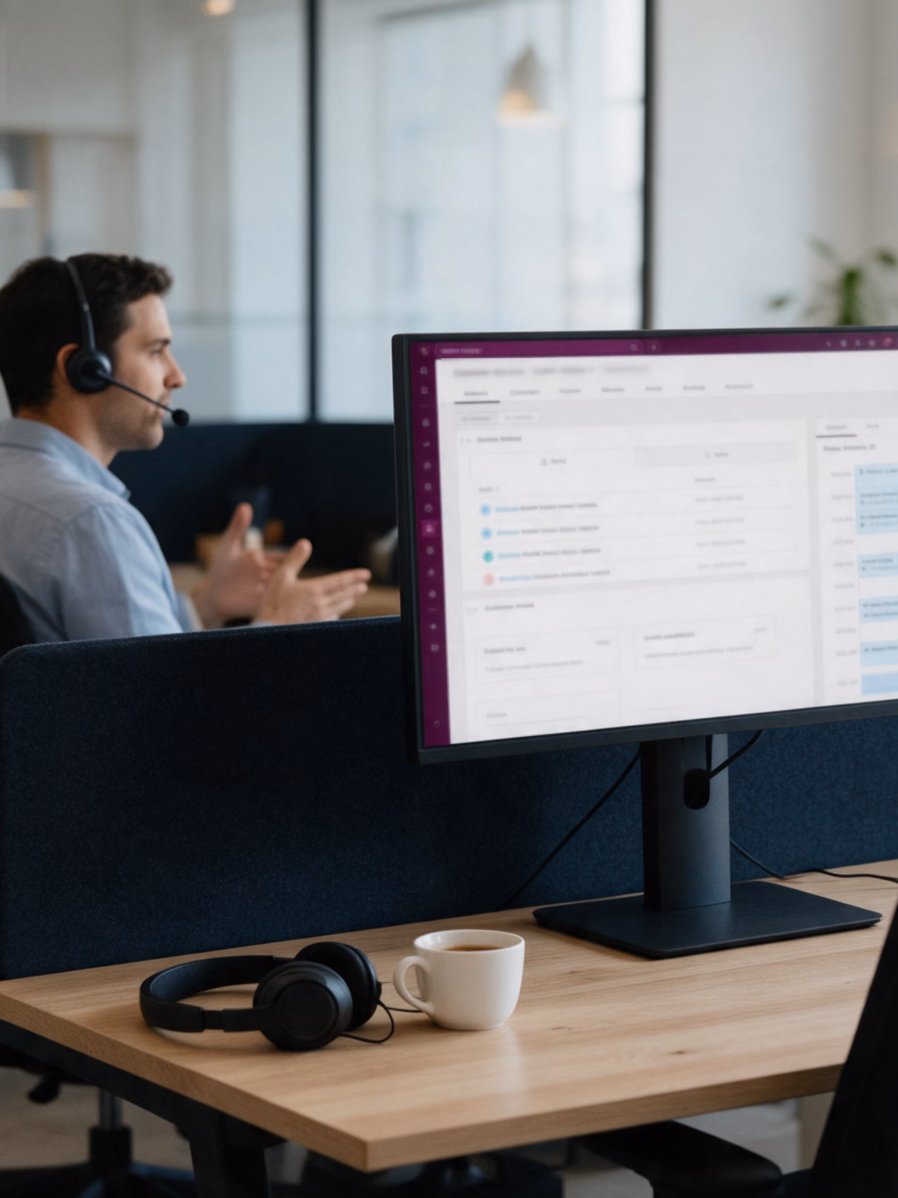 Ein leerer Schreibtisch mit einem Monitor, der den HubSpot-Service-Workspace zeigt, einem Headset und einer Tasse Kaffee, während ein Kollege mit Headset am Schreibtisch dahinter in einem Videocall spricht.
