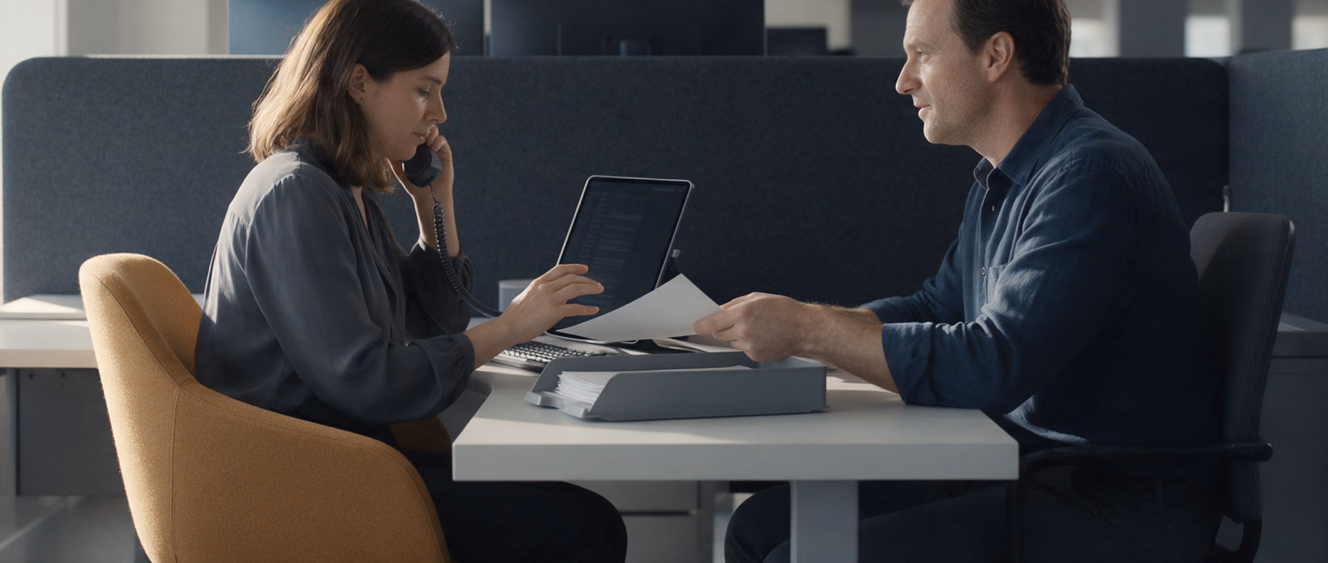 A woman on a desk phone scrolls a tablet while a colleague seated beside her desk hands her a sheet from a full letter tray in an open plan office.
