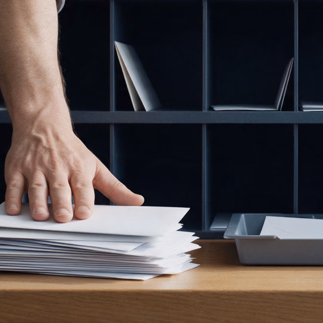 A hand rests on a stack of envelopes on a wooden counter in front of a wall of dark pigeonholes with a grey tray beside it.