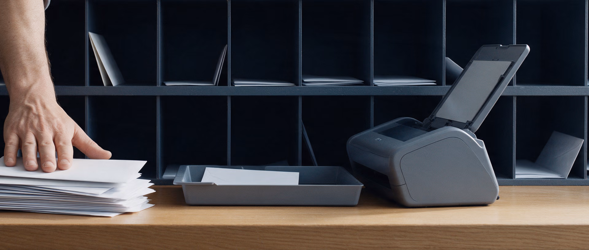 Close view of a man's hands sorting a stack of blank envelopes on a wooden post room bench in front of a dark pigeonhole shelf, a letter tray and a small document scanner beside them.