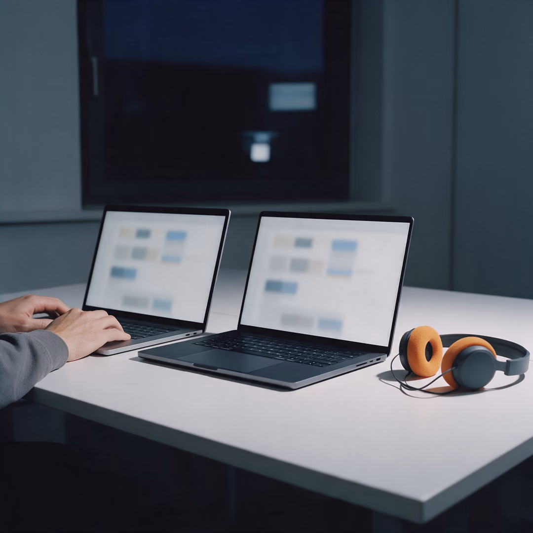 Two laptops side by side on a white desk at night showing the same layout, hands on the left keyboard, headphones with orange ear pads beside the right one.